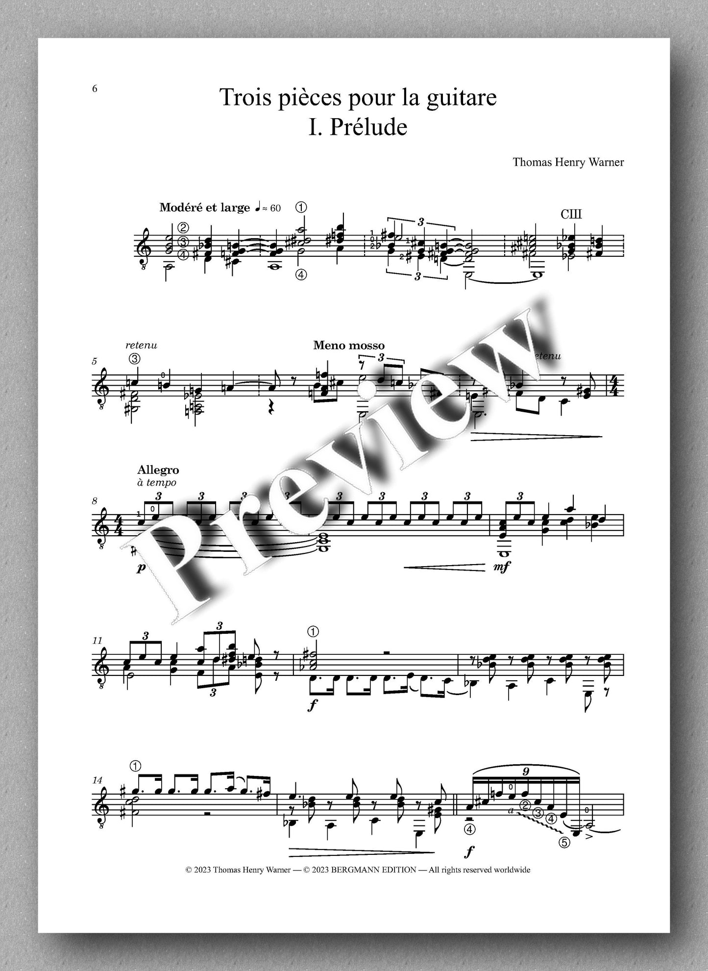 Trois pièces pour la guitare, by  Thomas Henry Warner - preview of the music score 1