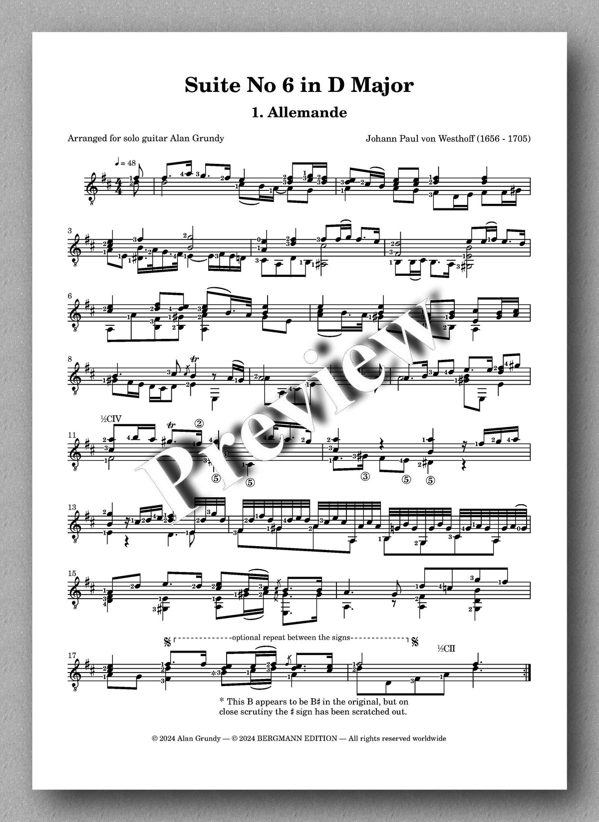 Johann Paul Von Westhoff, Suite in D Major - preview of the music score 1