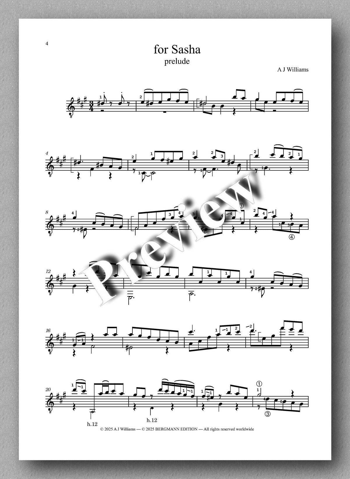 Sheet music for a prelude titled 'for Sasha' by A.J. Williams on a white background.
