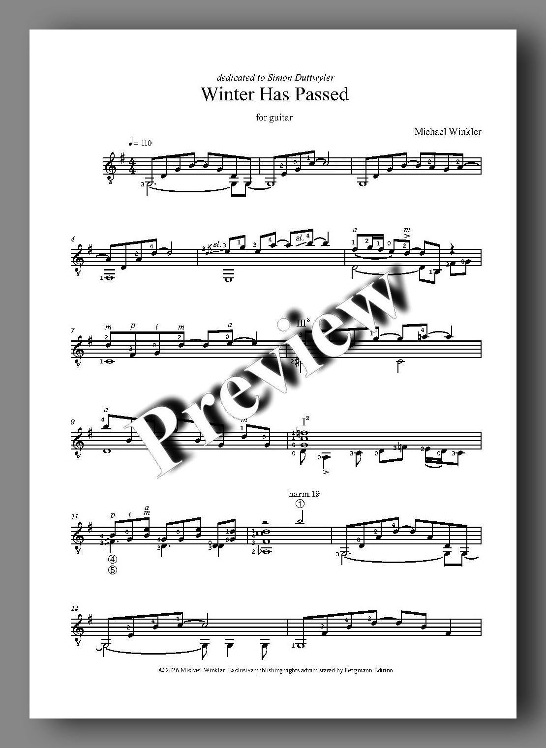 Sheet music for Winter Has Passed (for guitar) by Michael Winkler. background