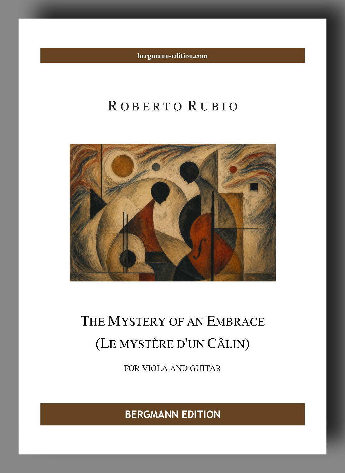 Cover for The Mystery of an Embrace for viola and guitar by Roberto Rubio showing an early modern painting of a couple with a guitar and viola design.