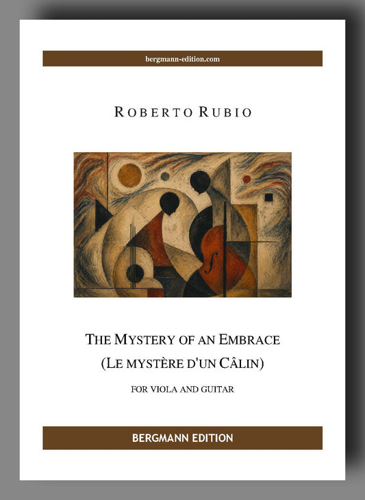 Cover for The Mystery of an Embrace for viola and guitar by Roberto Rubio showing an early modern painting of a couple with a guitar and viola design.