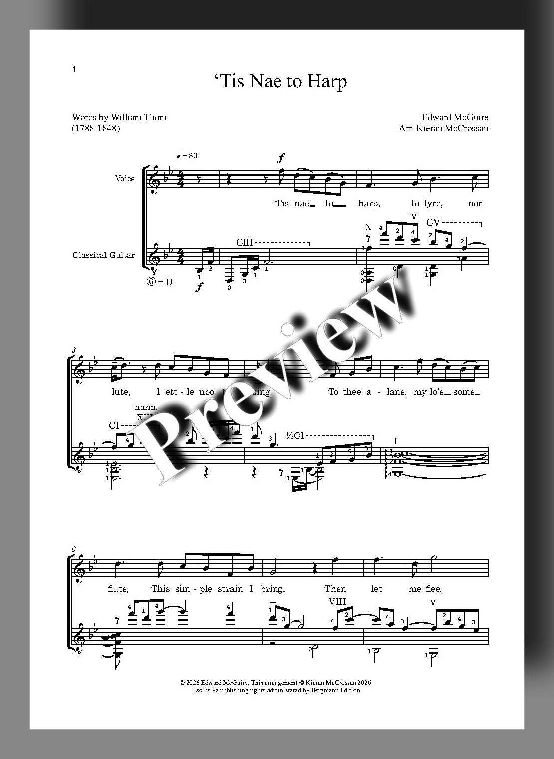 A page of printed sheet music titled "Tis Nae to Harp" with musical notation, lyrics, and a large diagonal "Preview" watermark across the center. 