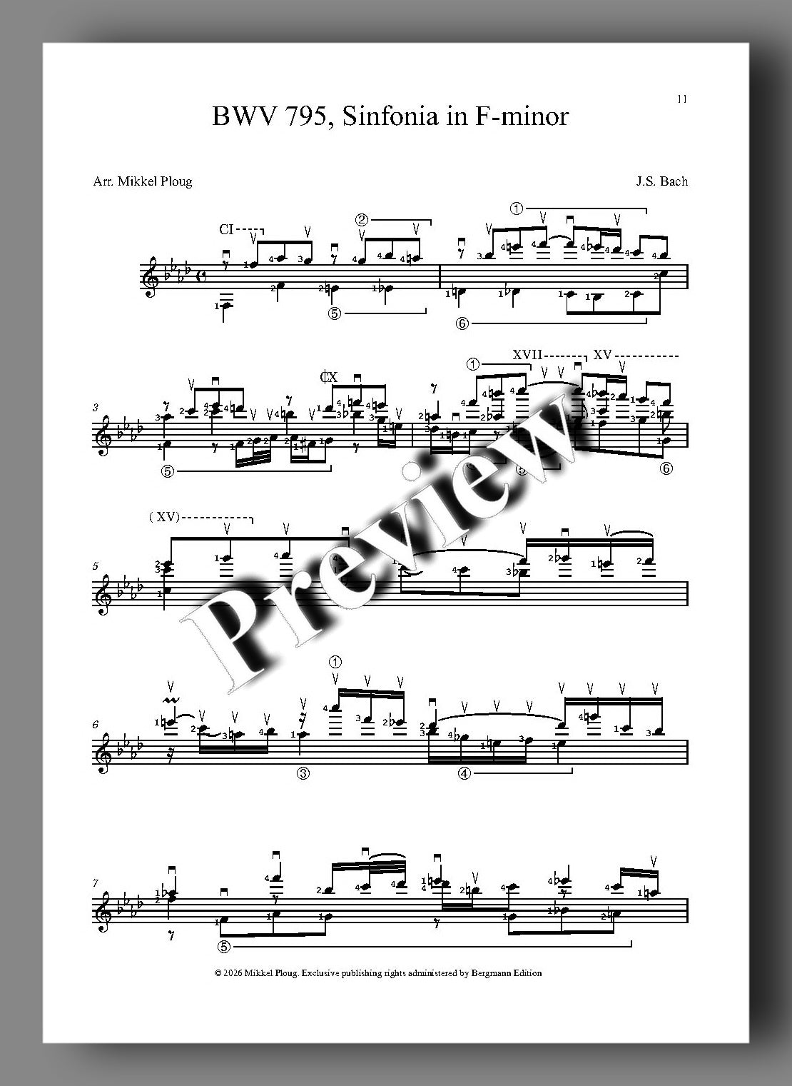 Sheet music for J.S. Bach's Sinfonia in F-minor BWV 795 arranged for electric guitar