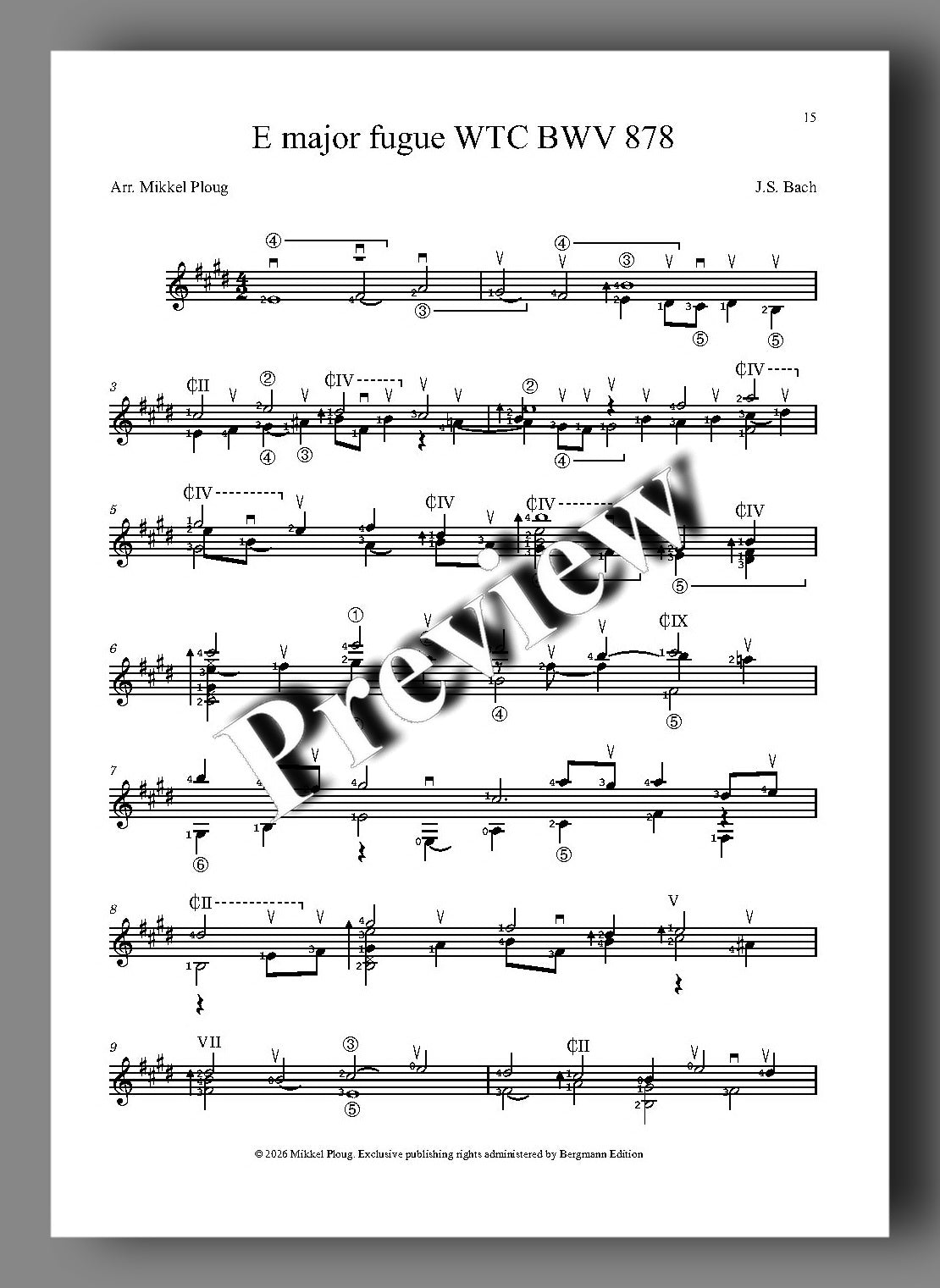 Sheet music for J.S. Bach's E major  fugue from the Well-tempered Clavier (Book 2) BWV 878 arranged for electric guitar
