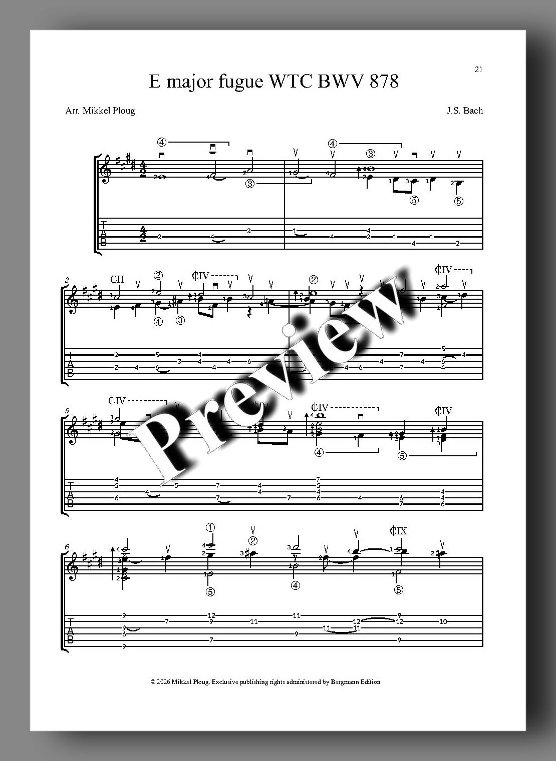 A sheet music page for J.S. Bach's E major fugue from the Well-tempered Clavier (Book 2) arranged for electric guitar (Tab notation).