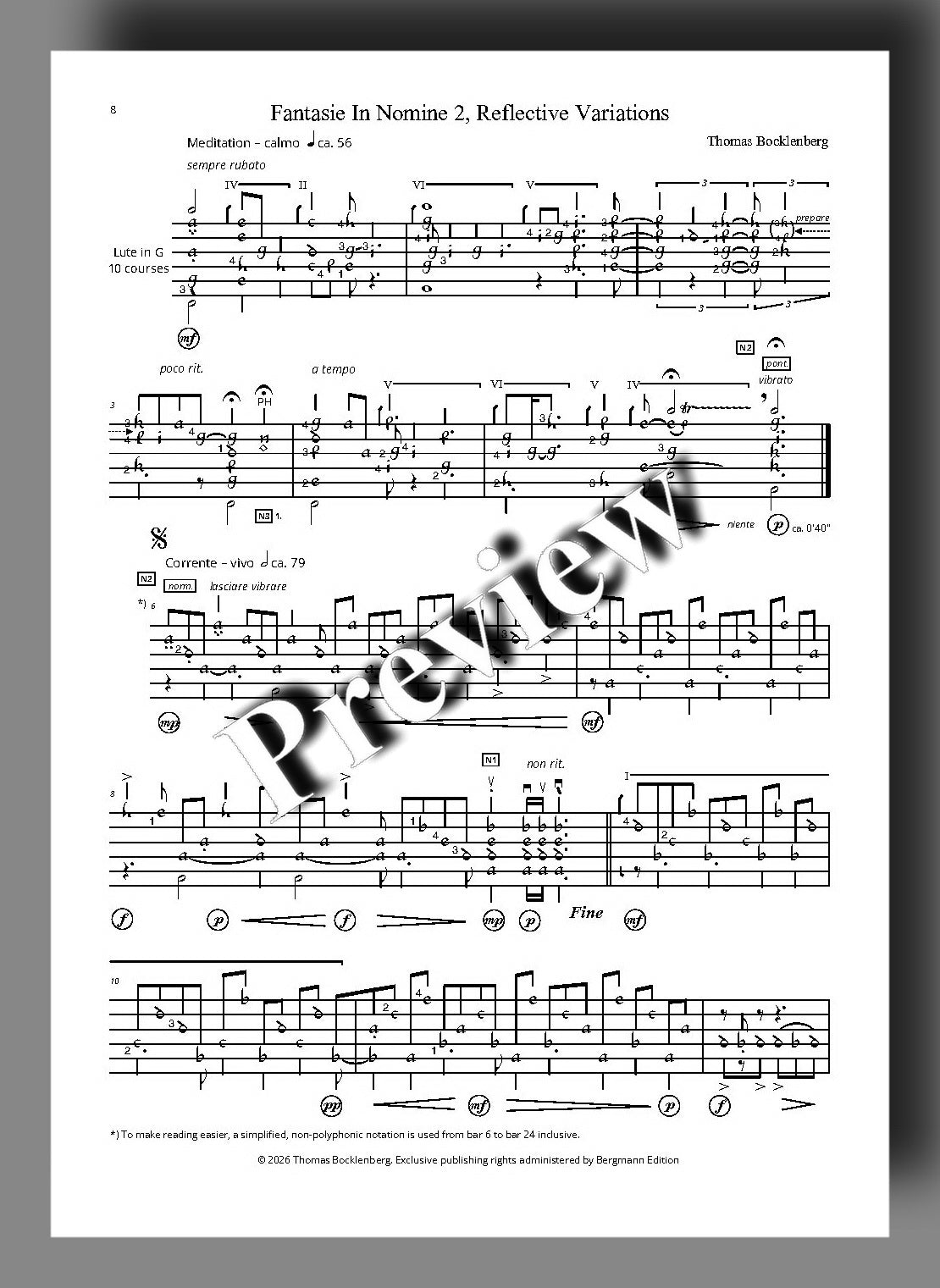 A sheet music page for Thomas Bocklensberg's 'Fantasy In Nomine 2: Reflective Variations' with musical notation and a large diagonal 'preview' watermark across the center, shown on a white page with a dark border.