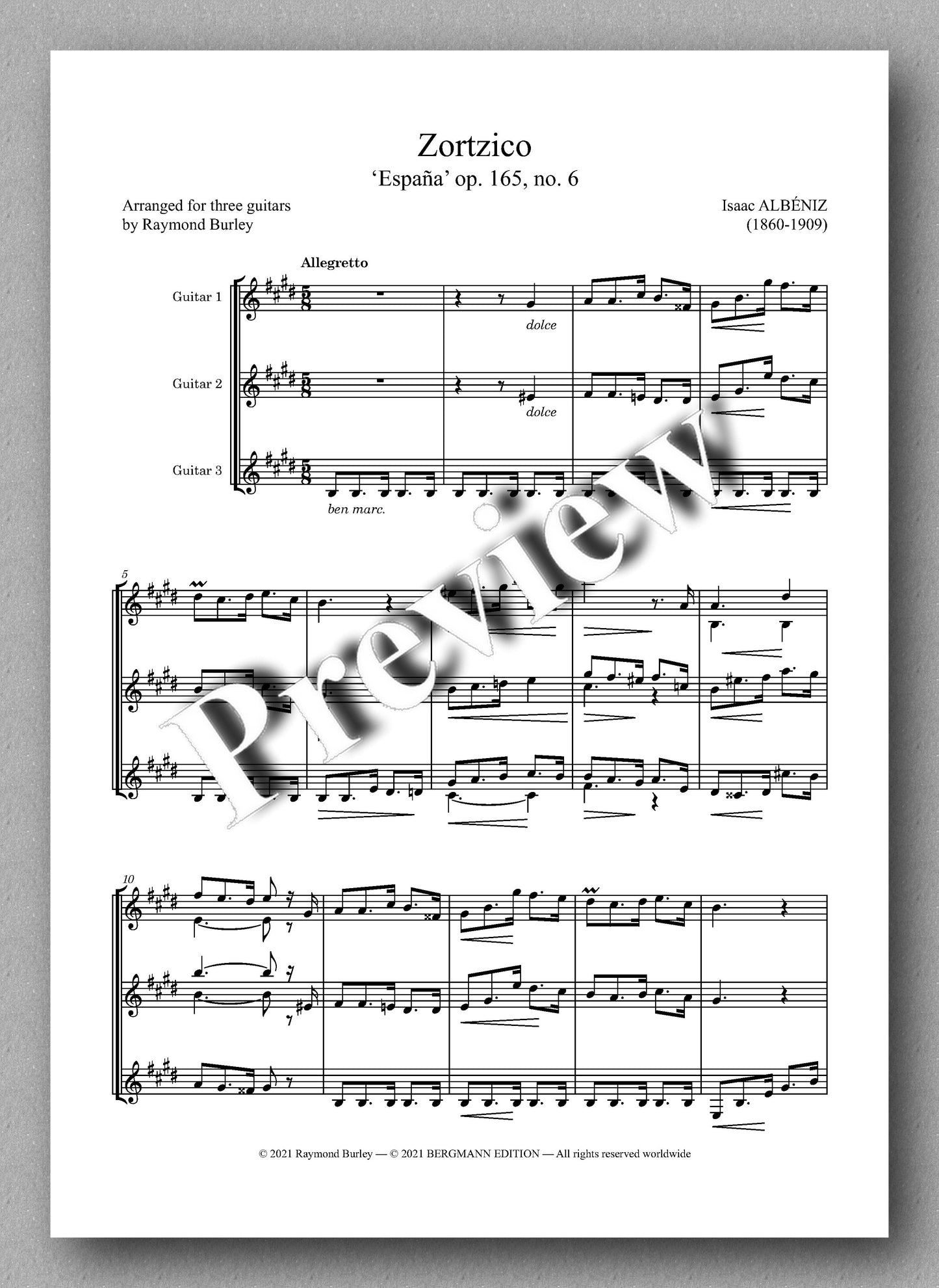 Albéniz-Burley, Zortzico - music score 1