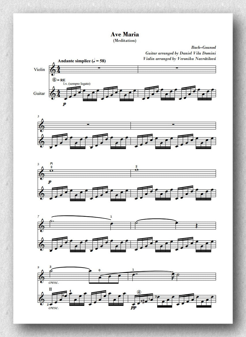 Bach–Gounod, Ave Maria arranged for guitar and violin, score.