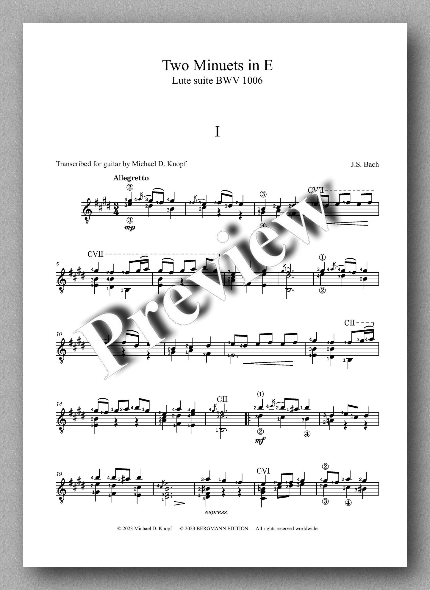J.S.Bach, Two Minuets in E, BWV 1006 - preview of the music score 1