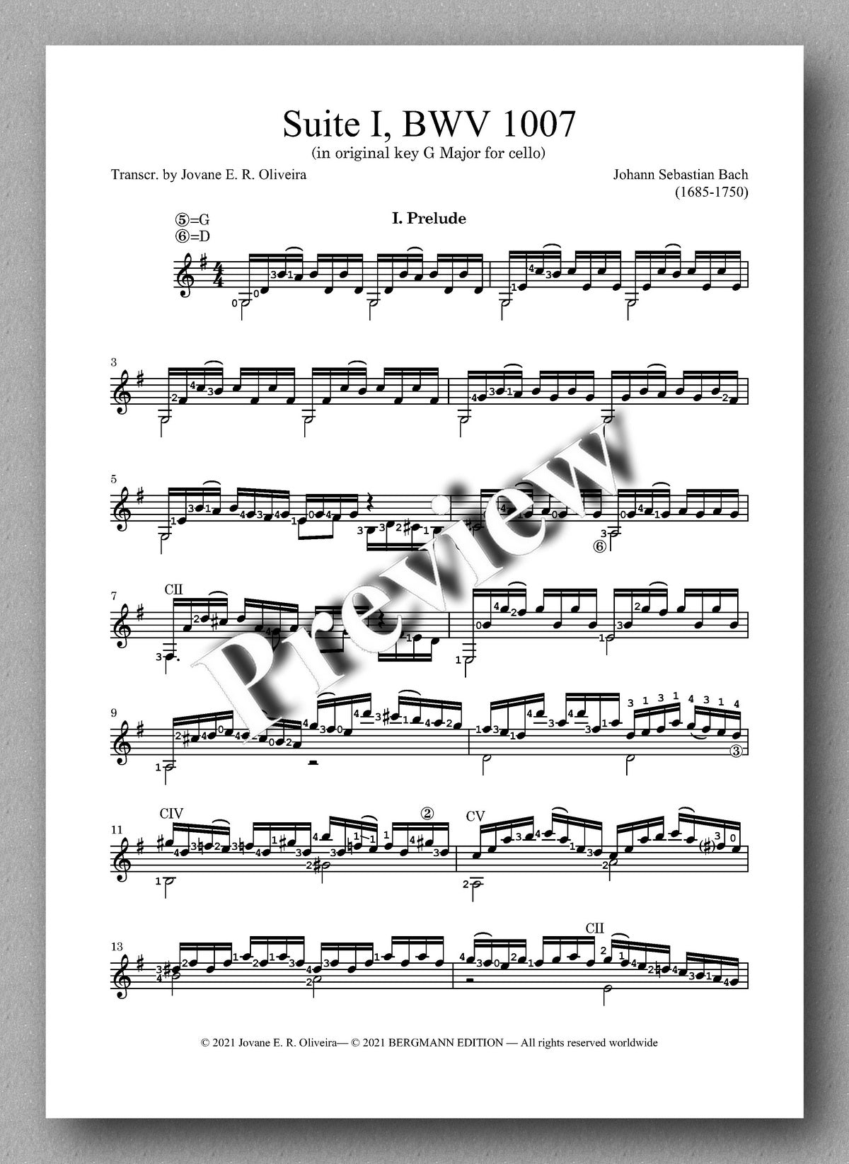 Bach-Oliveira, Cello Suite No 1, BWV 1007 - 6 strings - music score 1