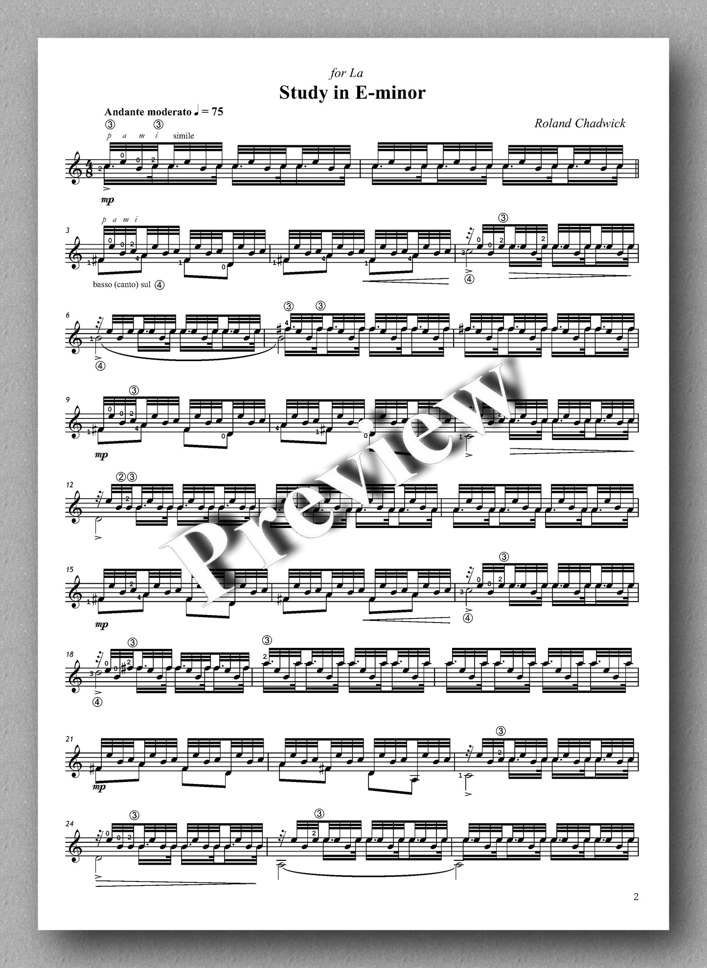 Roland Chadwick - Study in E-minor (Andante moderato) -preview of the music score.