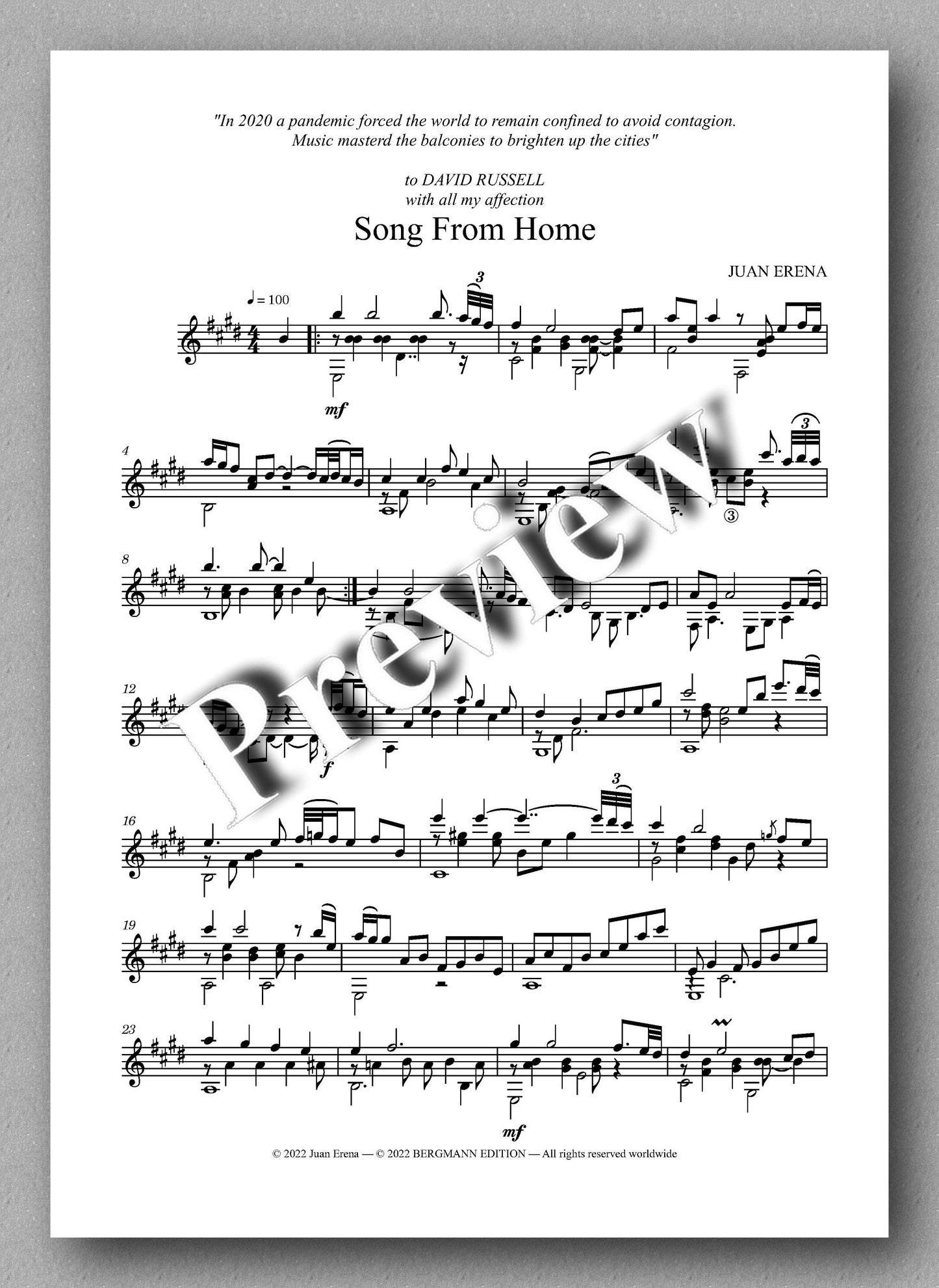 Juan Erena, Song From Home - preview of the music score