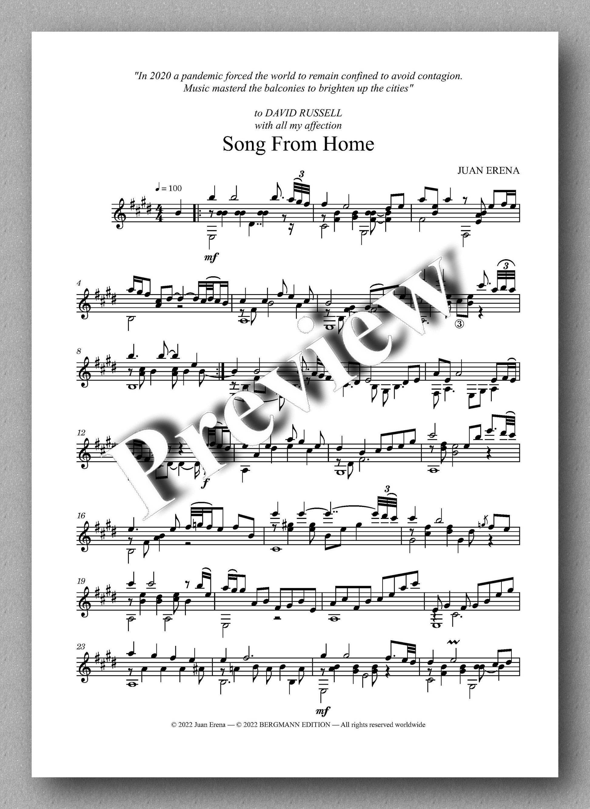 Juan Erena, Song From Home - preview of the music score