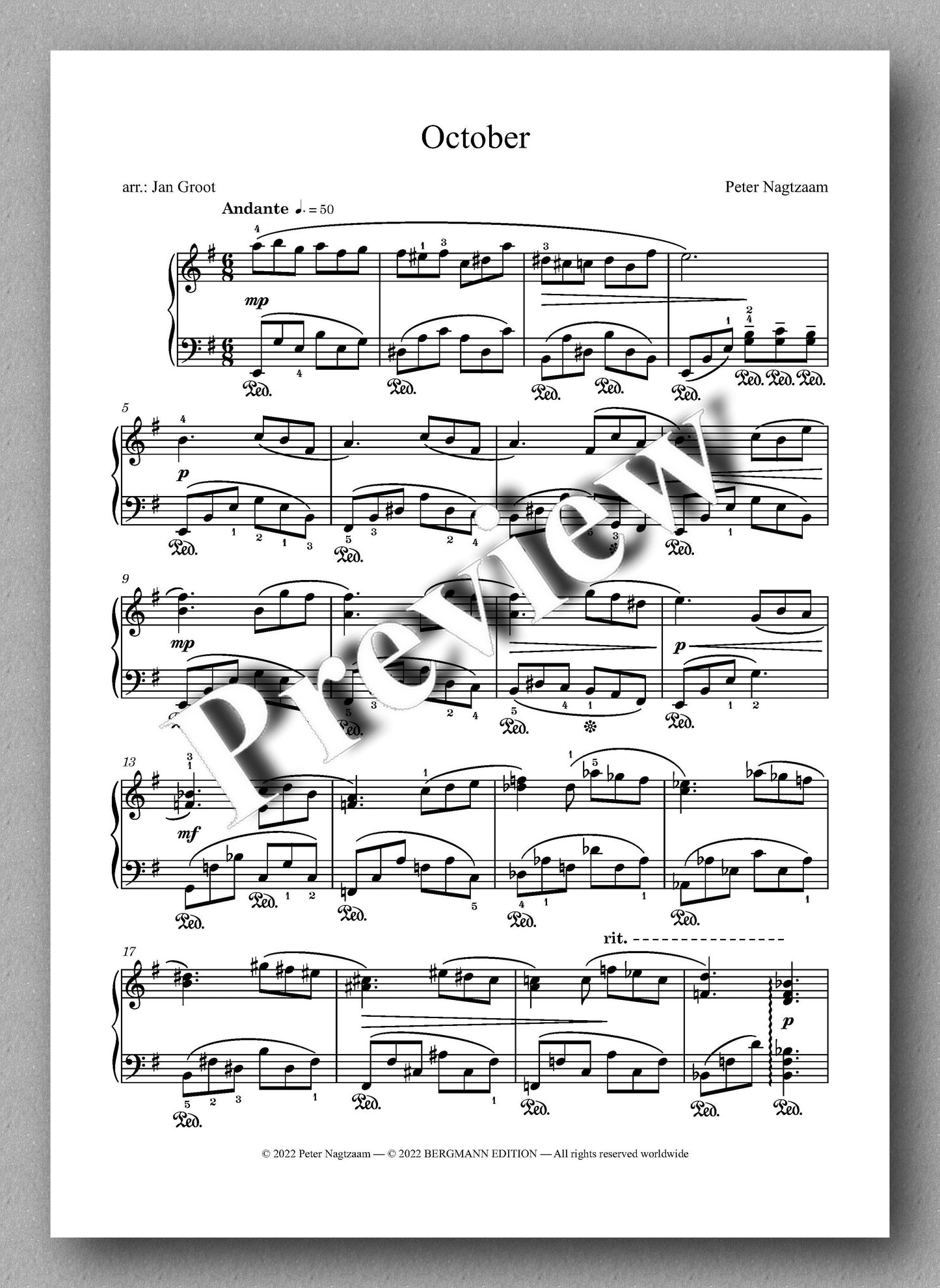 Peter Nagtzaam, October - piano version - preview of the  music score