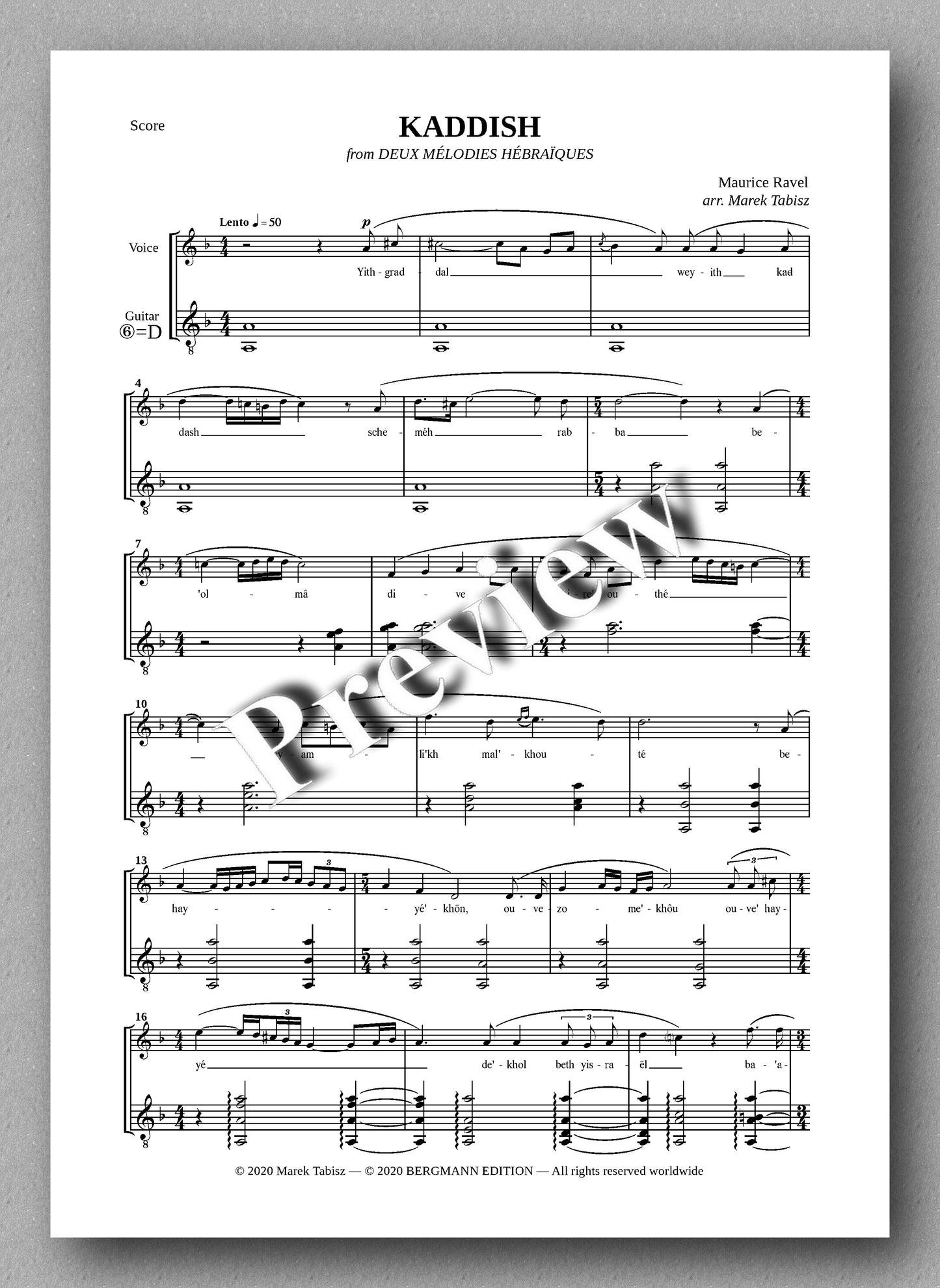 MAURICE RAVEL - KADDISH - preview of the Music score 1