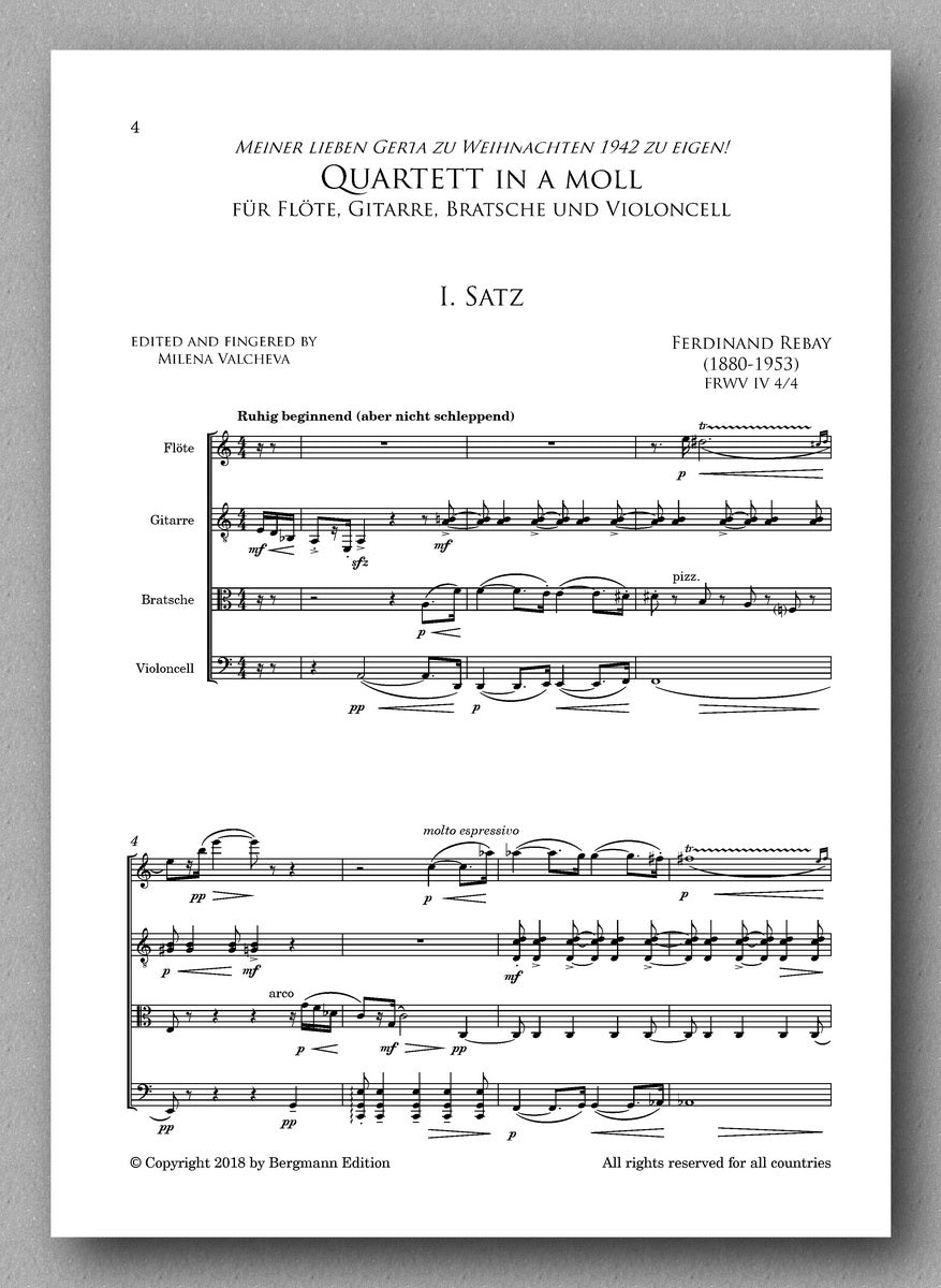 Quartet in a minor for Flute, guitar, viola and cello - preview of the score 1