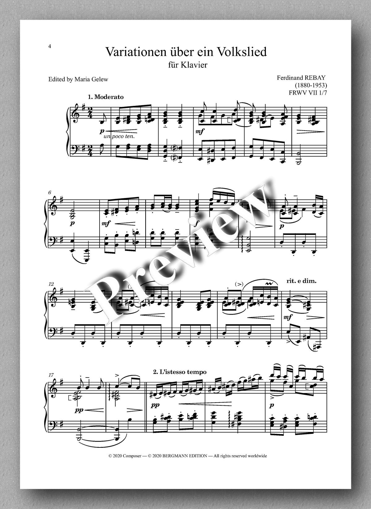 Rebay, Klavier No. 8, Variationen über ein Volkslied  - music score 1
