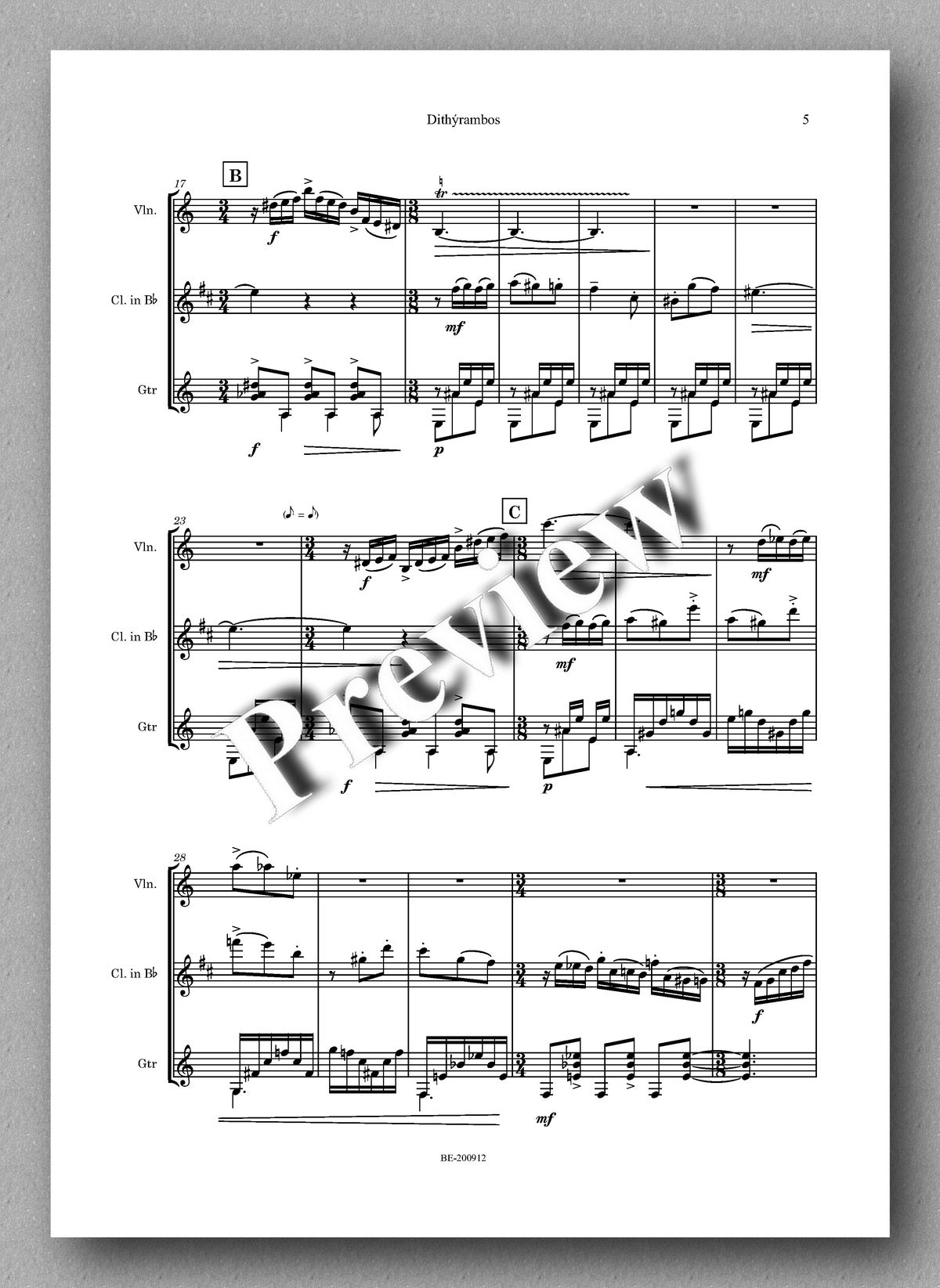 DITHÝRAMBOS  for violin, clarinet in Bb, and guitar by Roberto Rubio - preview of the full score 2