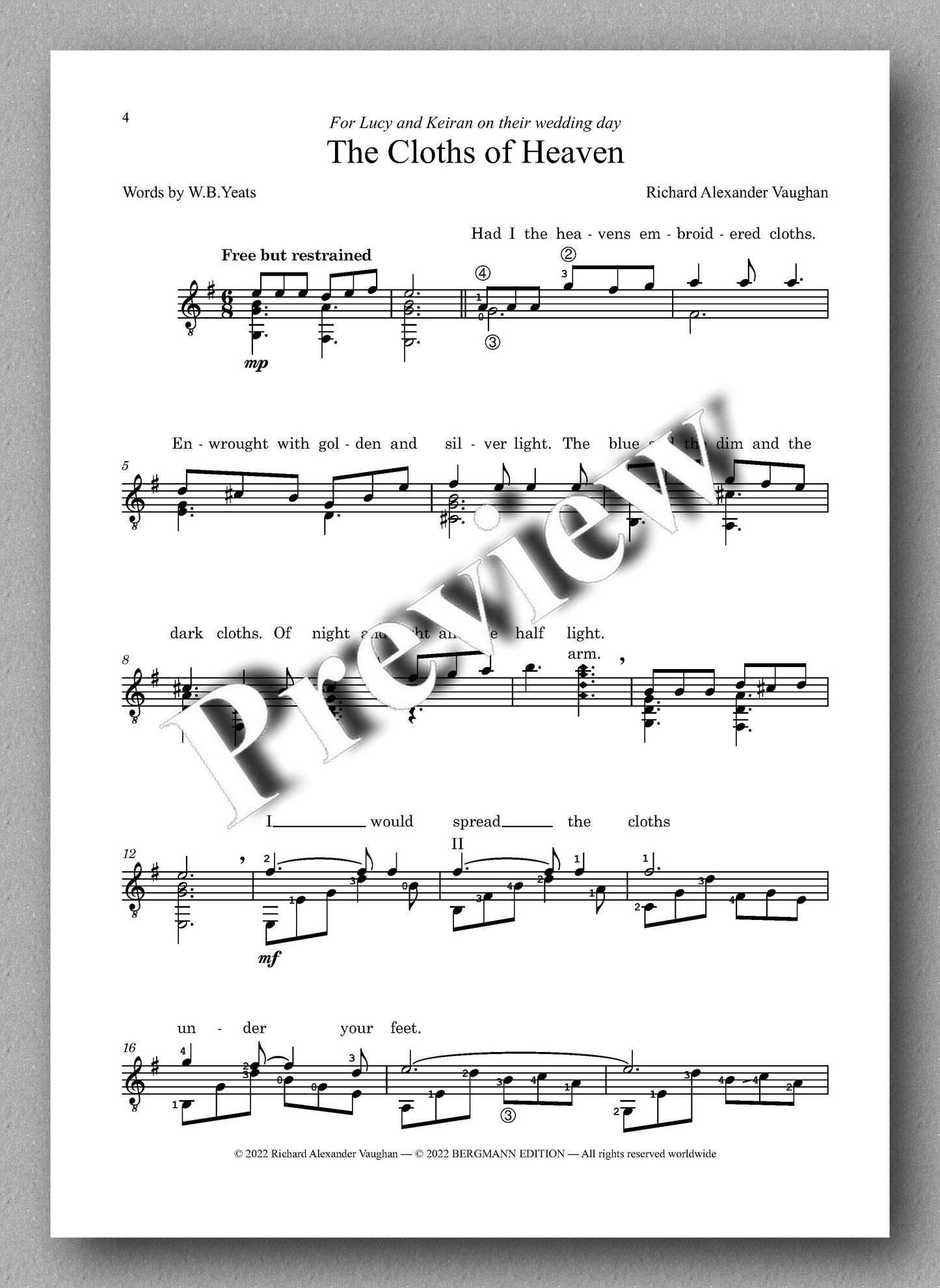 The Cloths of Heaven by Richard Vaughan - preview of the music score
