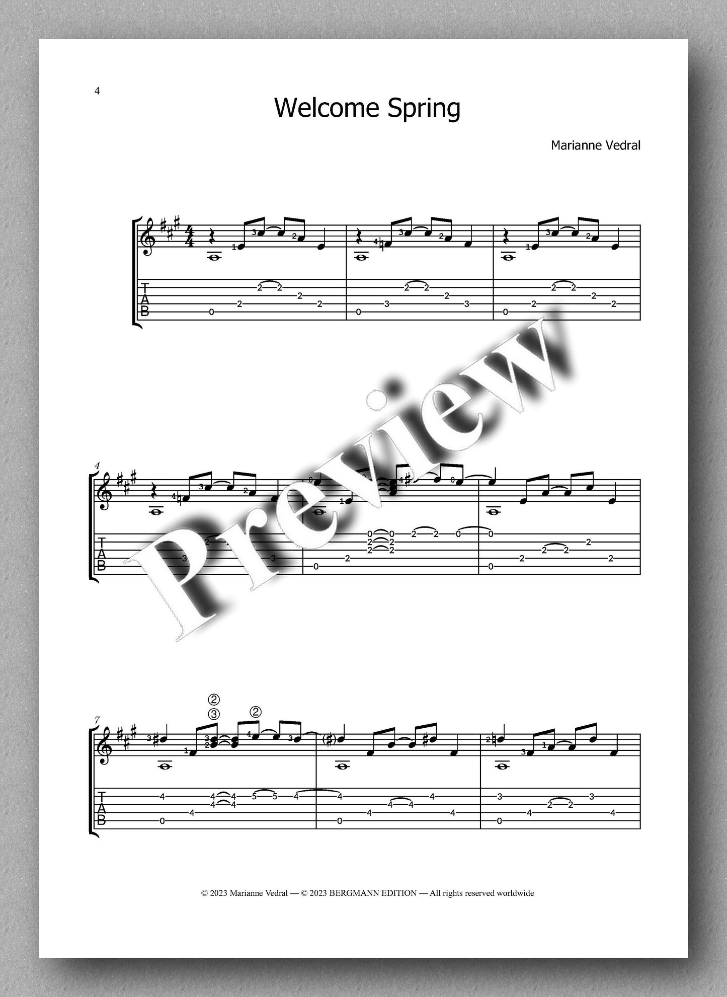 Welcome Spring (Score incl. TAB) by Marianne Vedral - preview of the music score 1