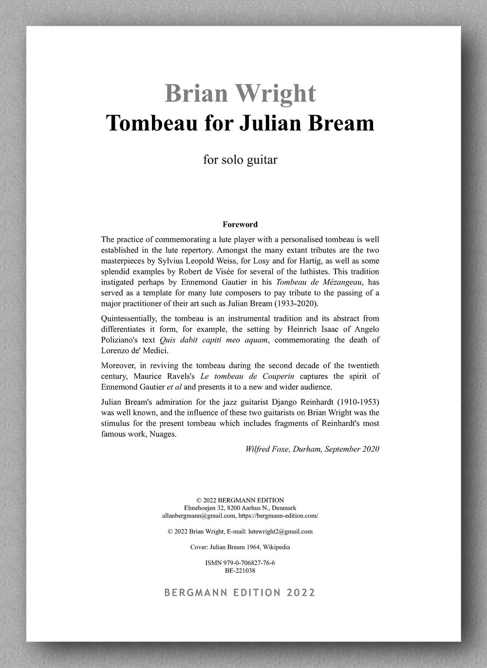Brian Wright, Tombeau for Julian Bream - preview of the  foreword